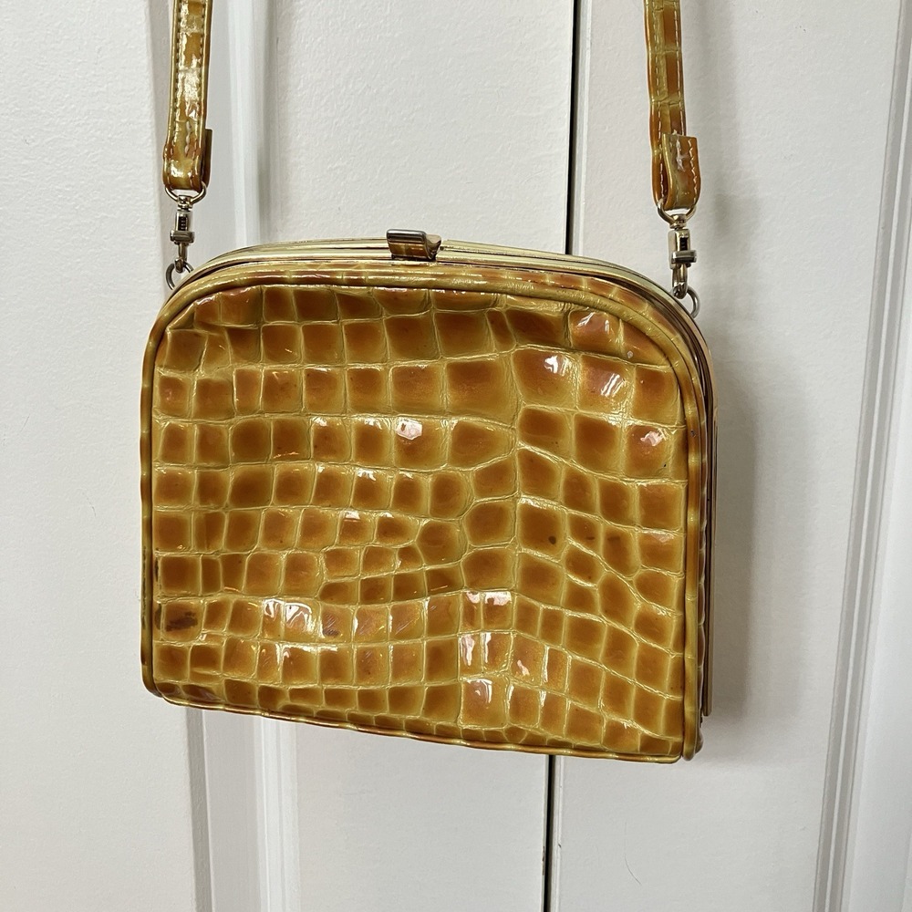 Vintage Ro-El Mustard Yellow Croc Embossed Patent Crossbody Bag Made in Canada